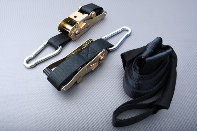 Handlebar tie down sling with carabiner and ratchet Handlebar tie down sling with carabiner and ratchet