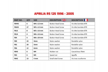 AVDB Specific Hardware / Complete Bolts & Screws Fairing Kit for APRILIA RS 125 1996 - 2005 AVDB Specific Hardware / Complete Bolts & Screws Fairing Kit for APRILIA RS 125 1996 - 2005