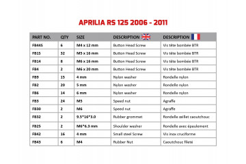 AVDB Specific Hardware / Complete Bolts & Screws Fairing Kit for APRILIA RS 125 2006 - 2011 AVDB Specific Hardware / Complete Bolts & Screws Fairing Kit for APRILIA RS 125 2006 - 2011
