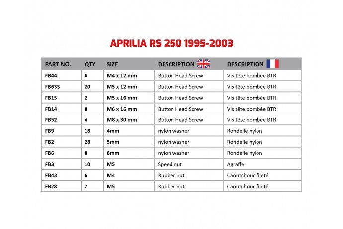 AVDB Specific Hardware / Complete Bolts & Screws Fairing Kit for APRILIA RS250 1995 - 2003