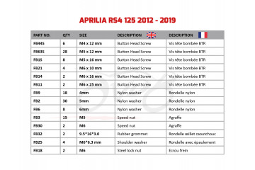 Kit de visserie AVDB spécifique pour carénages APRILIA RS4 RS 125 2012 - 2024 Kit de visserie AVDB spécifique pour carénages APRILIA RS4 RS 125 2012 - 2024