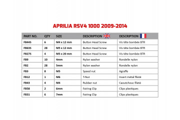 Kit de visserie AVDB spécifique pour carénages APRILIA RSV4 1000 2009 - 2014 Kit de visserie AVDB spécifique pour carénages APRILIA RSV4 1000 2009 - 2014