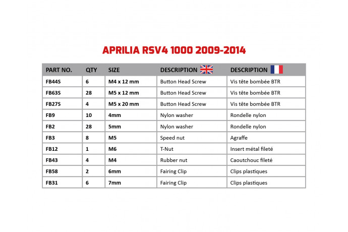 Kit de visserie AVDB spécifique pour carénages APRILIA RSV4 1000 2009 - 2014 Kit de visserie AVDB spécifique pour carénages APRILIA RSV4 1000 2009 - 2014