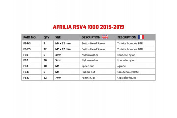 Kit de tornillos AVDB especifico para carenados APRILIA RSV4 1000 1100 2015 - 2020 Kit de tornillos AVDB especifico para carenados APRILIA RSV4 1000 1100 2015 - 2020