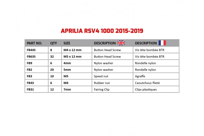 Kit de tornillos AVDB especifico para carenados APRILIA RSV4 1000 1100 2015 - 2020 Kit de tornillos AVDB especifico para carenados APRILIA RSV4 1000 1100 2015 - 2020