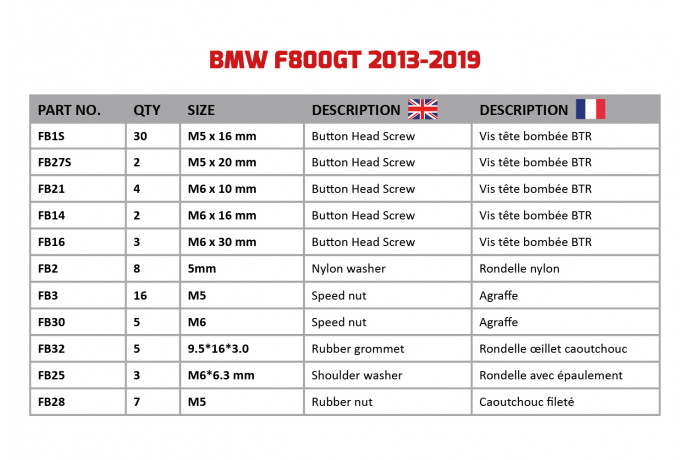 Kit de visserie AVDB spécifique pour carénages BMW F800GT 2013 - 2019