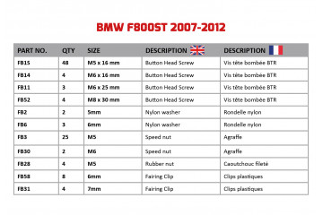 Spezifischer Schraubensatz AVDB für Verkleidungen BMW F800ST 2006 - 2014 Spezifischer Schraubensatz AVDB für Verkleidungen BMW F800ST 2006 - 2014
