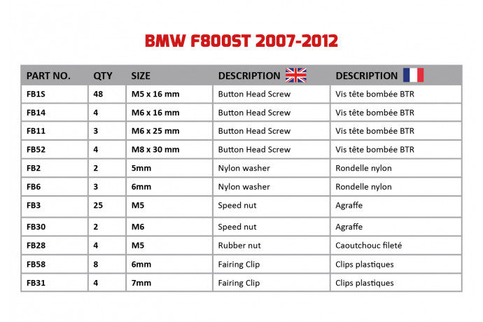 Kit de visserie AVDB spécifique pour carénages BMW F800ST 2006 - 2014 Kit de visserie AVDB spécifique pour carénages BMW F800ST 2006 - 2014