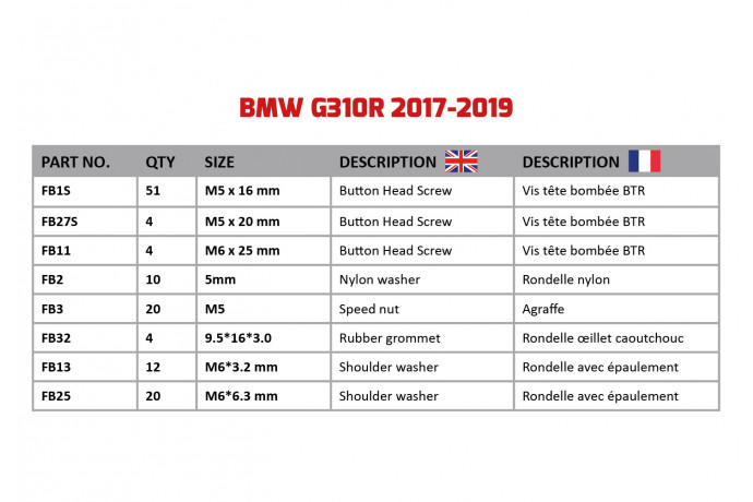 Kit de visserie AVDB spécifique pour carénages BMW G310R 2017 - 2024