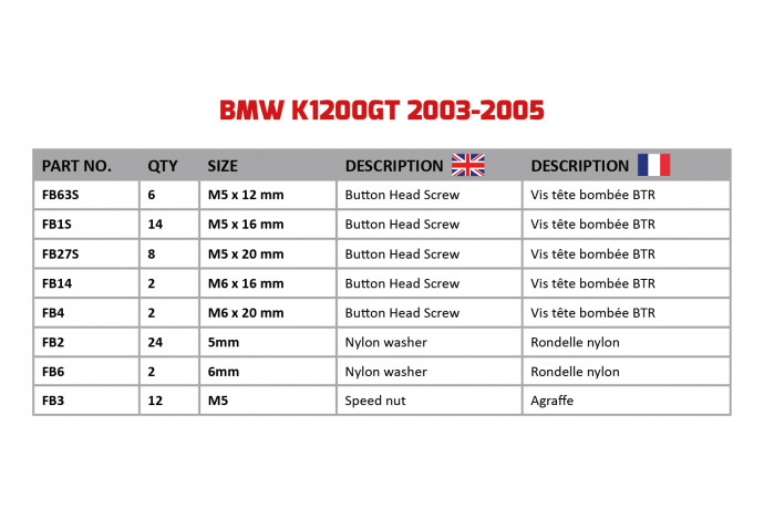 AVDB Specific Hardware / Complete Bolts & Screws Fairing Kit for BMW K1200GT 2003 - 2005 AVDB Specific Hardware / Complete Bolts & Screws Fairing Kit for BMW K1200GT 2003 - 2005