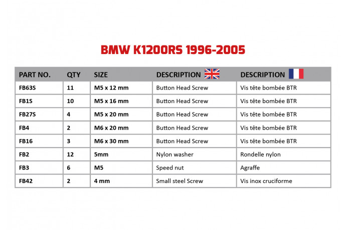AVDB Specific Hardware / Complete Bolts & Screws Fairing Kit for BMW K1200RS 1996 - 2005 AVDB Specific Hardware / Complete Bolts & Screws Fairing Kit for BMW K1200RS 1996 - 2005