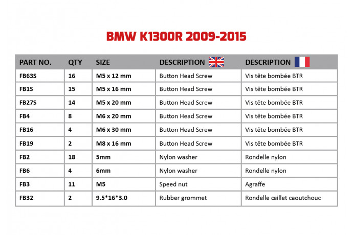 Kit de visserie AVDB spécifique pour carénages BMW K1300R 2009 - 2015 Kit de visserie AVDB spécifique pour carénages BMW K1300R 2009 - 2015