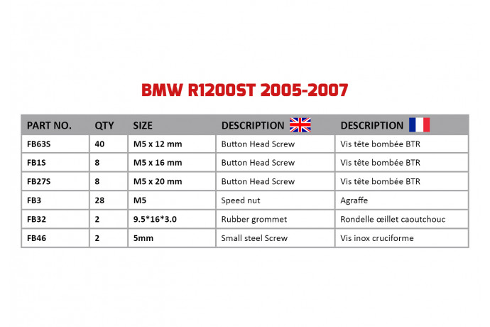 AVDB Specific Hardware / Complete Bolts & Screws Fairing Kit for BMW R1200ST 2005 - 2007 AVDB Specific Hardware / Complete Bolts & Screws Fairing Kit for BMW R1200ST 2005 - 2007