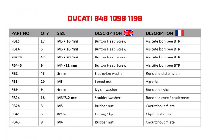 AVDB Specific Hardware / Complete Bolts & Screws Fairing Kit for DUCATI SBK 848 / 1098 / 1198 AVDB Specific Hardware / Complete Bolts & Screws Fairing Kit for DUCATI SBK 848 / 1098 / 1198