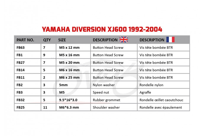 AVDB complementary Hardware / Bolts & Screws Kit for Fairing YAMAHA XJ 600 / 900 1992 - 2004