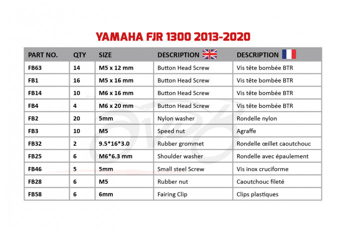 Kit de tornillos AVDB especifico para carenados YAMAHA FJR 1300 2013 - 2020 Kit de tornillos AVDB especifico para carenados YAMAHA FJR 1300 2013 - 2020