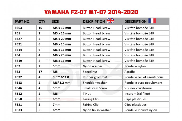 Kit de tornillos AVDB complementario para carenados YAMAHA MT07 2014 - 2024 Kit de tornillos AVDB complementario para carenados YAMAHA MT07 2014 - 2024