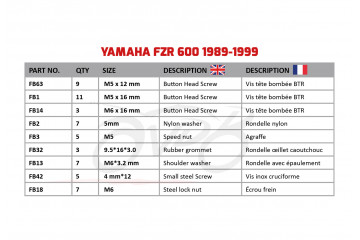 AVDB complementary Hardware / Bolts & Screws Kit for Fairing YAMAHA FZR 600 1989 - 1999 AVDB complementary Hardware / Bolts & Screws Kit for Fairing YAMAHA FZR 600 1989 - 1999