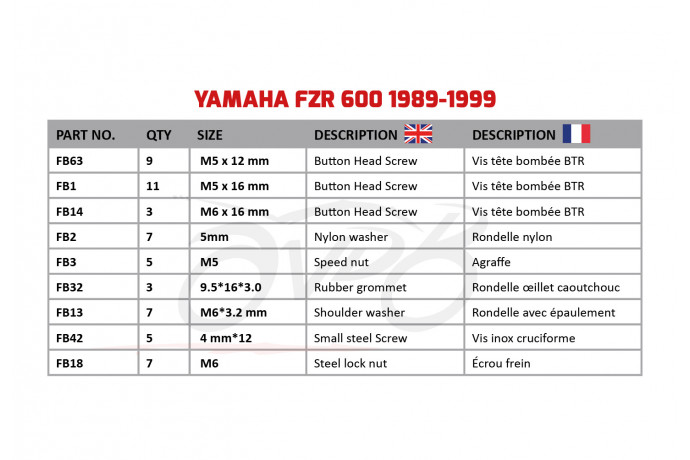 AVDB complementary Hardware / Bolts & Screws Kit for Fairing YAMAHA FZR 600 1989 - 1999 AVDB complementary Hardware / Bolts & Screws Kit for Fairing YAMAHA FZR 600 1989 - 1999
