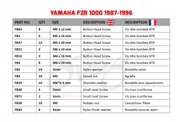 AVDB Specific Hardware / Complete Bolts & Screws Fairing Kit for YAMAHA FZR 1000 1987 - 1996 AVDB Specific Hardware / Complete Bolts & Screws Fairing Kit for YAMAHA FZR 1000 1987 - 1996