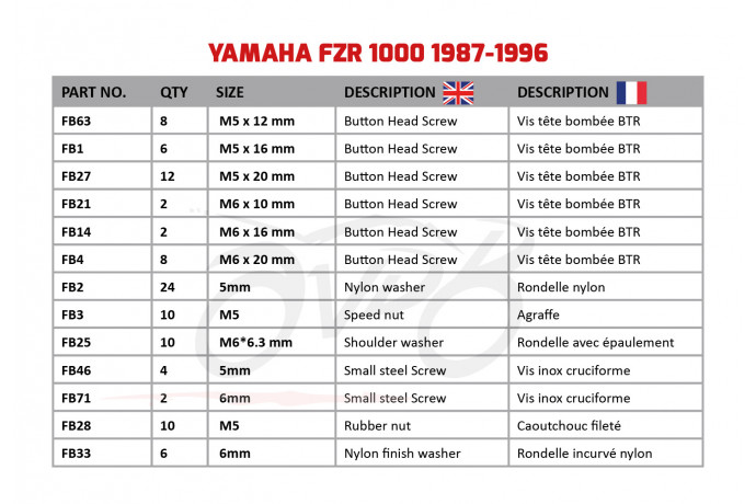 AVDB Specific Hardware / Complete Bolts & Screws Fairing Kit for YAMAHA FZR 1000 1987 - 1996 AVDB Specific Hardware / Complete Bolts & Screws Fairing Kit for YAMAHA FZR 1000 1987 - 1996