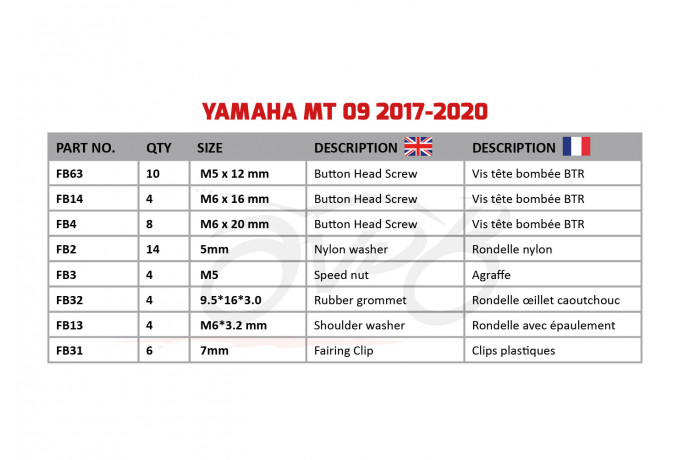 Kit viti complementare per Carena AVDB YAMAHA MT09 / SP 2013 - 2020