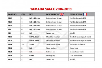 Kit de visserie AVDB spécifique pour carénages YAMAHA SMAX 2016 - 2019 Kit de visserie AVDB spécifique pour carénages YAMAHA SMAX 2016 - 2019