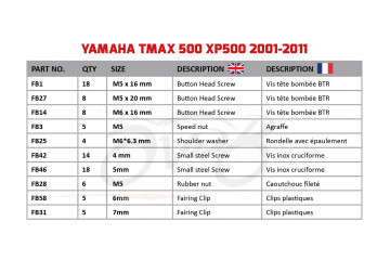 Spezifischer Schraubensatz AVDB für Verkleidungen YAMAHA TMAX 500 XP500 2001 - 2011