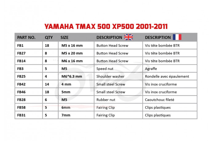 Spezifischer Schraubensatz AVDB für Verkleidungen YAMAHA TMAX 500 XP500 2001 - 2011