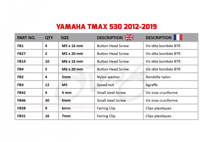 AVDB complementary Hardware / Bolts & Screws Kit for Fairing YAMAHA TMAX 530 2012 - 2019 AVDB complementary Hardware / Bolts & Screws Kit for Fairing YAMAHA TMAX 530 2012 - 2019