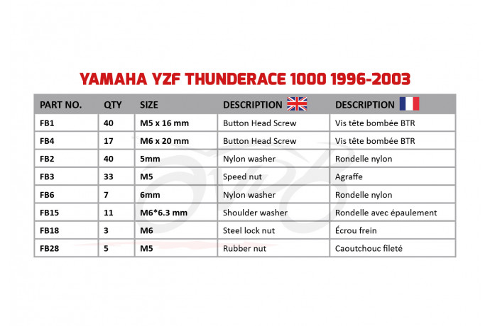 Kit de visserie AVDB spécifique pour carénages YAMAHA YZF THUNDERACE 1000 1996 - 2003
