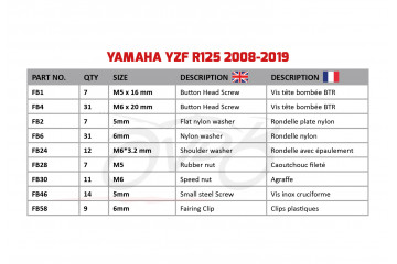 Kit de visserie AVDB spécifique pour carénages YAMAHA YZF R125 2008 - 2020 Kit de visserie AVDB spécifique pour carénages YAMAHA YZF R125 2008 - 2020