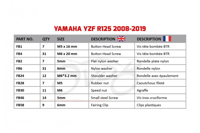 Kit de visserie AVDB spécifique pour carénages YAMAHA YZF R125 2008 - 2020 Kit de visserie AVDB spécifique pour carénages YAMAHA YZF R125 2008 - 2020