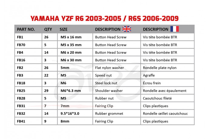 Kit de visserie AVDB spécifique pour carénages YAMAHA YZF R6 2003 - 2005 Kit de visserie AVDB spécifique pour carénages YAMAHA YZF R6 2003 - 2005