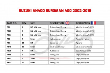 AVDB complementary Hardware / Bolts & Screws Kit for Fairing SUZUKI AN400 BURGMAN 400 2002 - 2018 AVDB complementary Hardware / Bolts & Screws Kit for Fairing SUZUKI AN400 BURGMAN 400 2002 - 2018