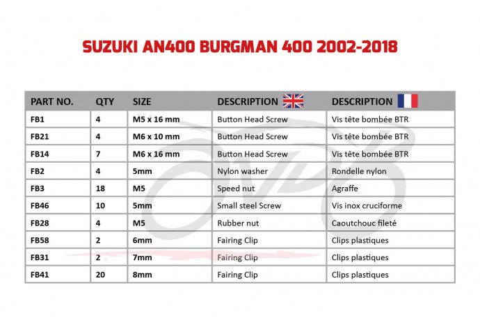 AVDB complementary Hardware / Bolts & Screws Kit for Fairing SUZUKI AN400 BURGMAN 400 2002 - 2018 AVDB complementary Hardware / Bolts & Screws Kit for Fairing SUZUKI AN400 BURGMAN 400 2002 - 2018