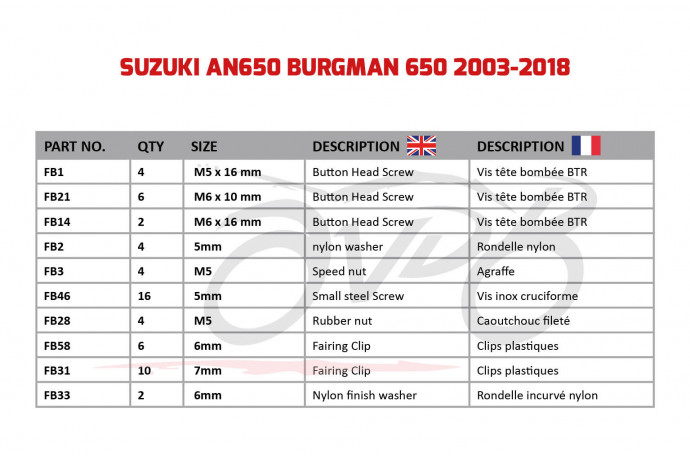 Kit de visserie AVDB spécifique pour carénages SUZUKI BURGMAN 650 2003 - 2020 Kit de visserie AVDB spécifique pour carénages SUZUKI BURGMAN 650 2003 - 2020