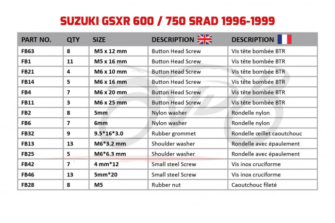 Kit de visserie AVDB spécifique pour carénages SUZUKI GSXR 600 / 750 SRAD 1996 - 2000 Kit de visserie AVDB spécifique pour carénages SUZUKI GSXR 600 / 750 SRAD 1996 - 2000