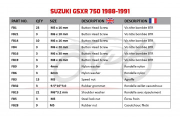 Kit de visserie AVDB spécifique pour carénages SUZUKI GSXR 750 1988 - 1991 Kit de visserie AVDB spécifique pour carénages SUZUKI GSXR 750 1988 - 1991