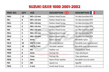 Kit de visserie AVDB spécifique pour carénages SUZUKI GSXR 1000 2001 - 2002 Kit de visserie AVDB spécifique pour carénages SUZUKI GSXR 1000 2001 - 2002