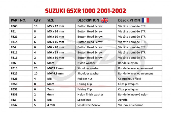 Kit de visserie AVDB spécifique pour carénages SUZUKI GSXR 1000 2001 - 2002 Kit de visserie AVDB spécifique pour carénages SUZUKI GSXR 1000 2001 - 2002