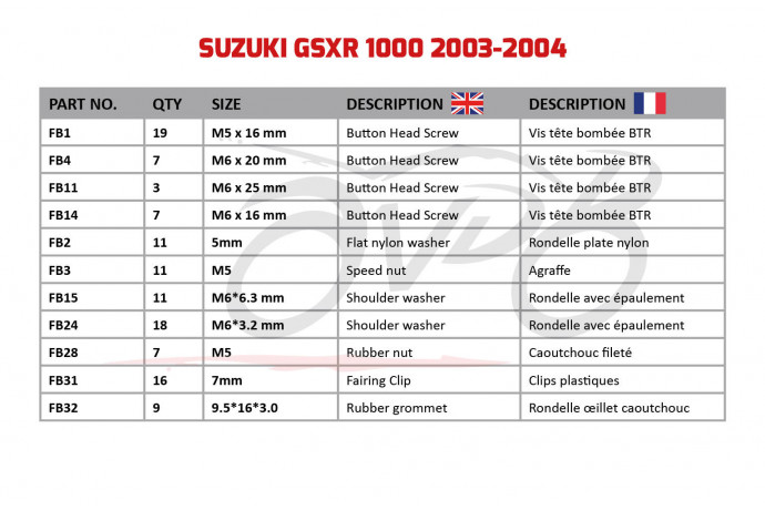 Kit de visserie AVDB spécifique pour carénages SUZUKI GSXR 1000 2003 - 2004