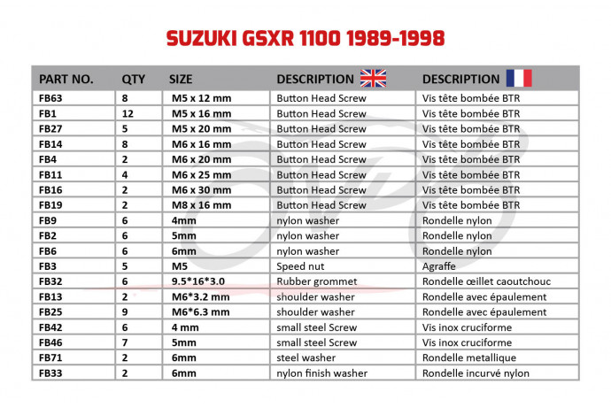 Spezifischer Schraubensatz AVDB für Verkleidungen SUZUKI GSXR 1100 1989 - 1998 Spezifischer Schraubensatz AVDB für Verkleidungen SUZUKI GSXR 1100 1989 - 1998