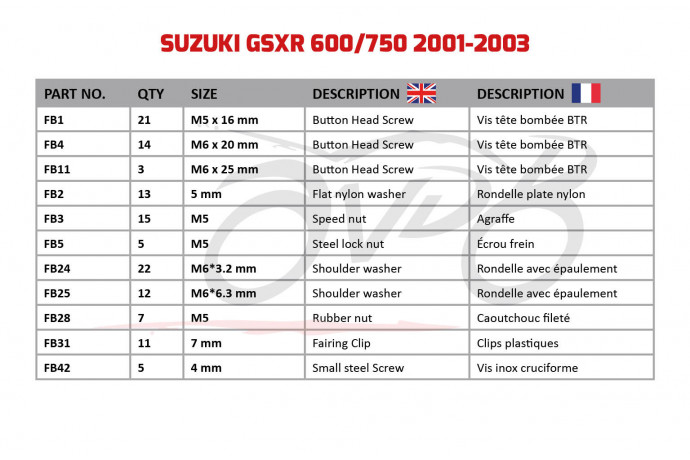 Kit viti AVDB specifico per Carena SUZUKI GSXR 600 / 750 2000 - 2003 Kit viti AVDB specifico per Carena SUZUKI GSXR 600 / 750 2000 - 2003