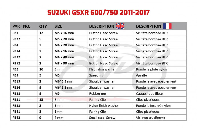 AVDB Specific Hardware / Complete Bolts & Screws Fairing Kit for SUZUKI GSXR 600 / 750 2011 - 2017 AVDB Specific Hardware / Complete Bolts & Screws Fairing Kit for SUZUKI GSXR 600 / 750 2011 - 2017