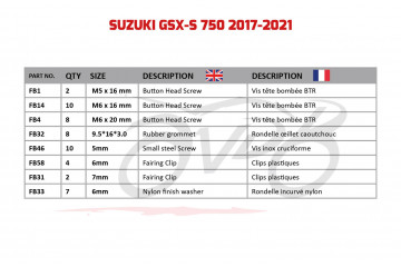 Kit de visserie AVDB spécifique pour carénages SUZUKI GSXS 750 2017 - 2021 Kit de visserie AVDB spécifique pour carénages SUZUKI GSXS 750 2017 - 2021