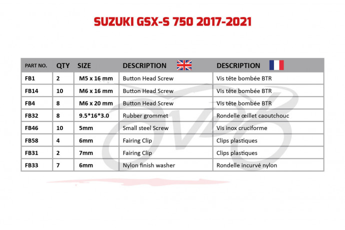 Kit de visserie AVDB spécifique pour carénages SUZUKI GSXS 750 2017 - 2021 Kit de visserie AVDB spécifique pour carénages SUZUKI GSXS 750 2017 - 2021