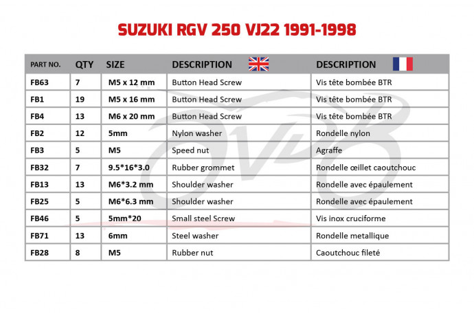 AVDB complementary Hardware / Bolts & Screws Kit for Fairing SUZUKI RGV 250 VJ22 1991 - 1998