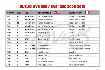 Kit de visserie AVDB spécifique pour carénages SUZUKI SV SVS 650 / 1000 2003 - 2010 Kit de visserie AVDB spécifique pour carénages SUZUKI SV SVS 650 / 1000 2003 - 2010