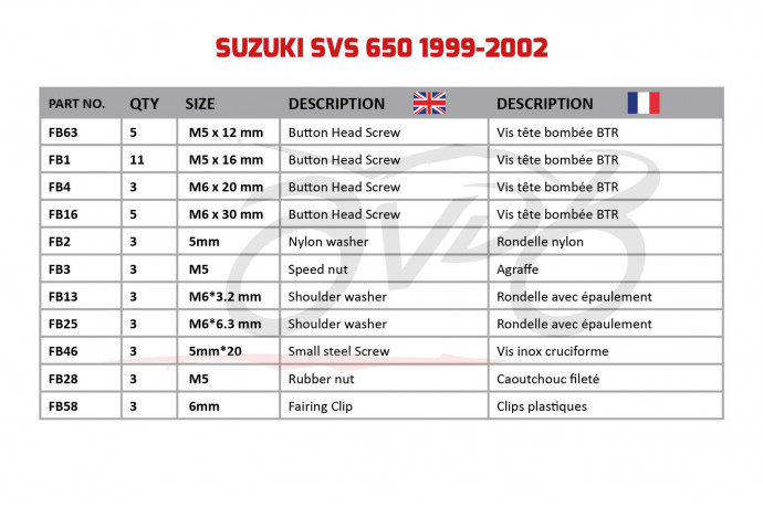 Kit viti complementare per Carena AVDB SUZUKI SV SVS 650 S / N 1999 - 2002
